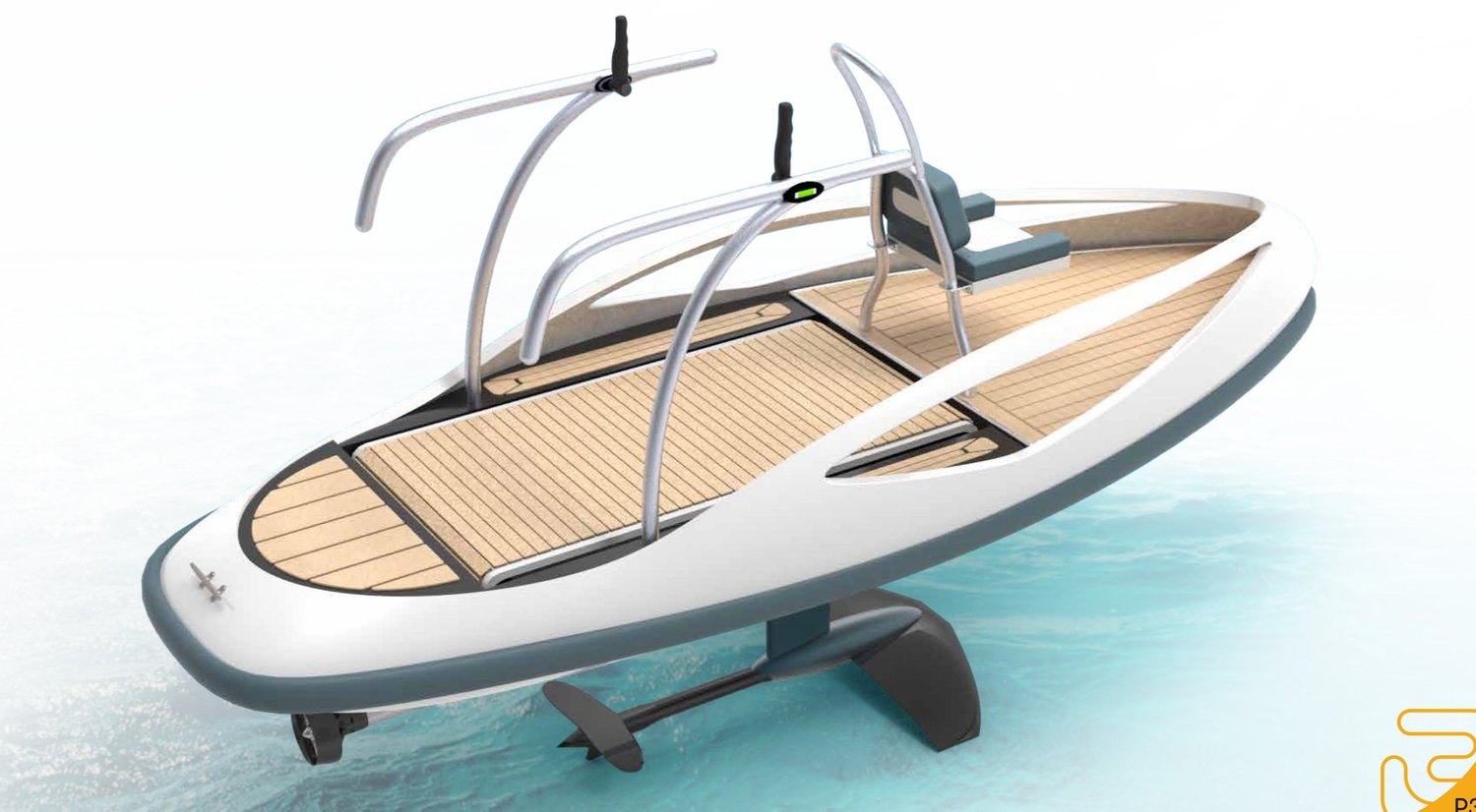 Three-quarter view of Aquarion showing the teak treadmill deck, handrails, seat and hydrofoil