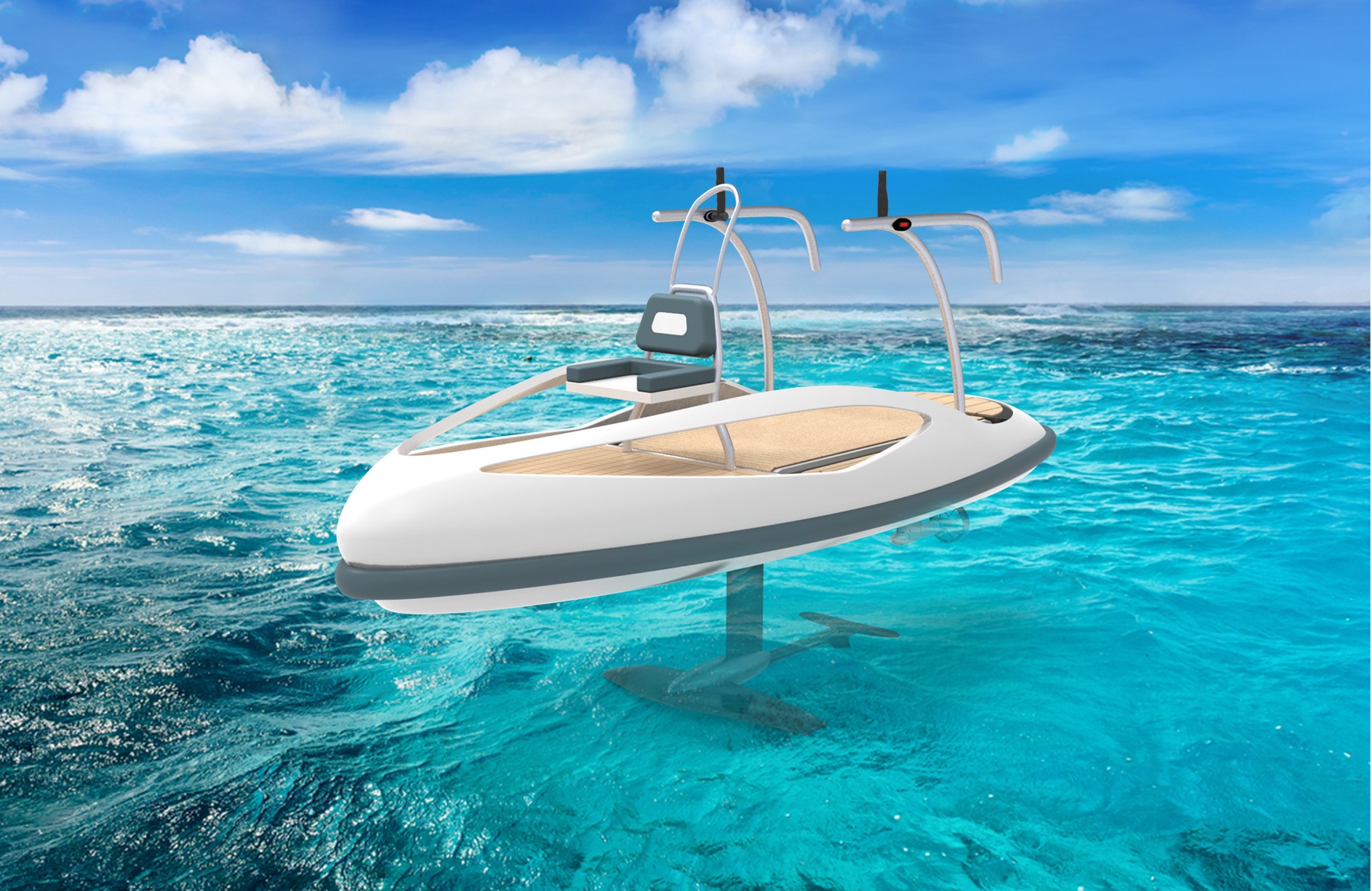 The Aquarion craft gliding on its hydrofoil above turquoise water