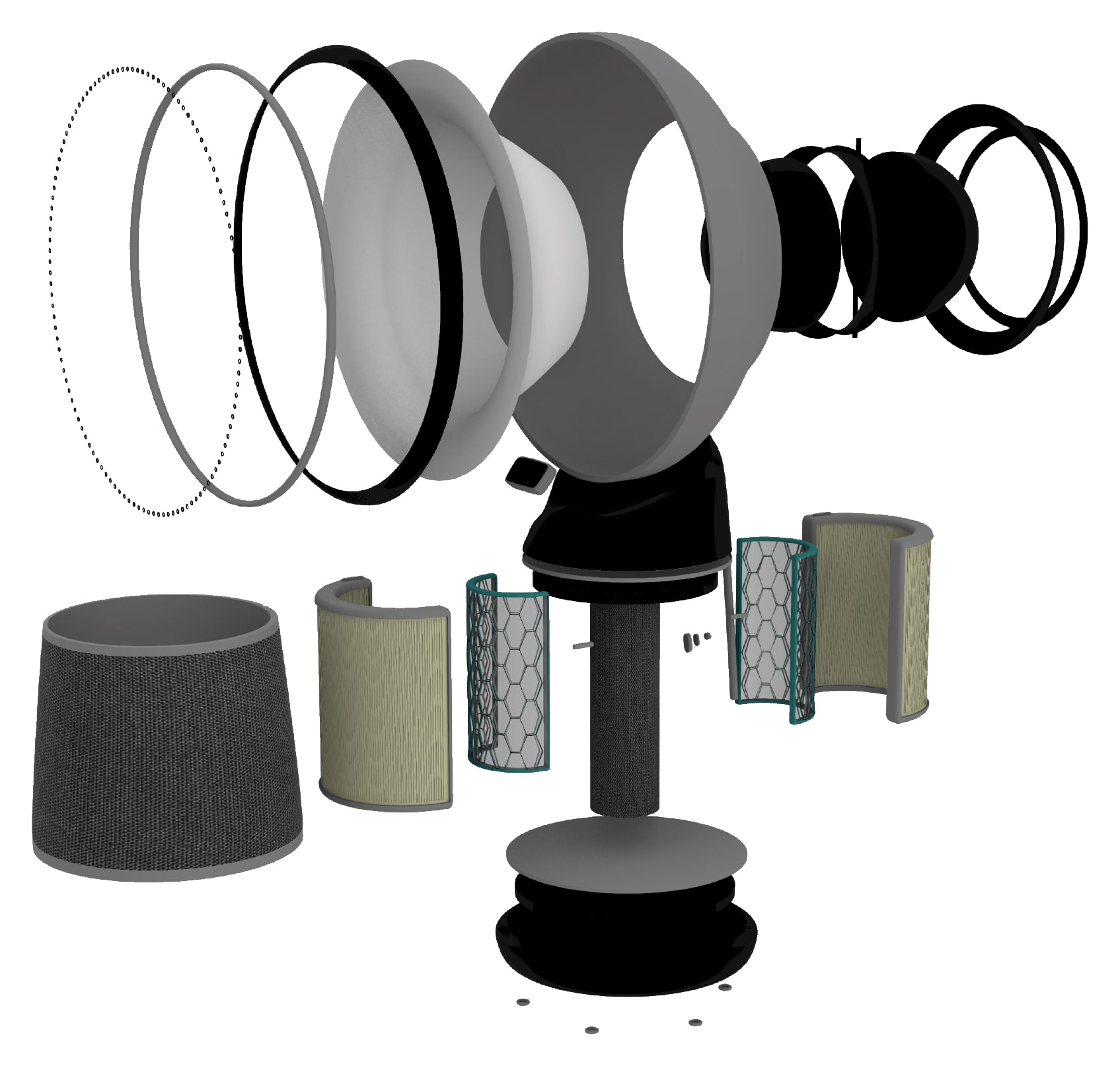 Exploded view of the Cosmic air purifier showing its filters and internal components