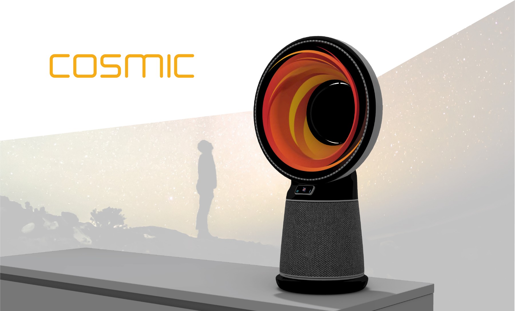 Cosmic air purifier with a glowing sun-like ring against a starry backdrop