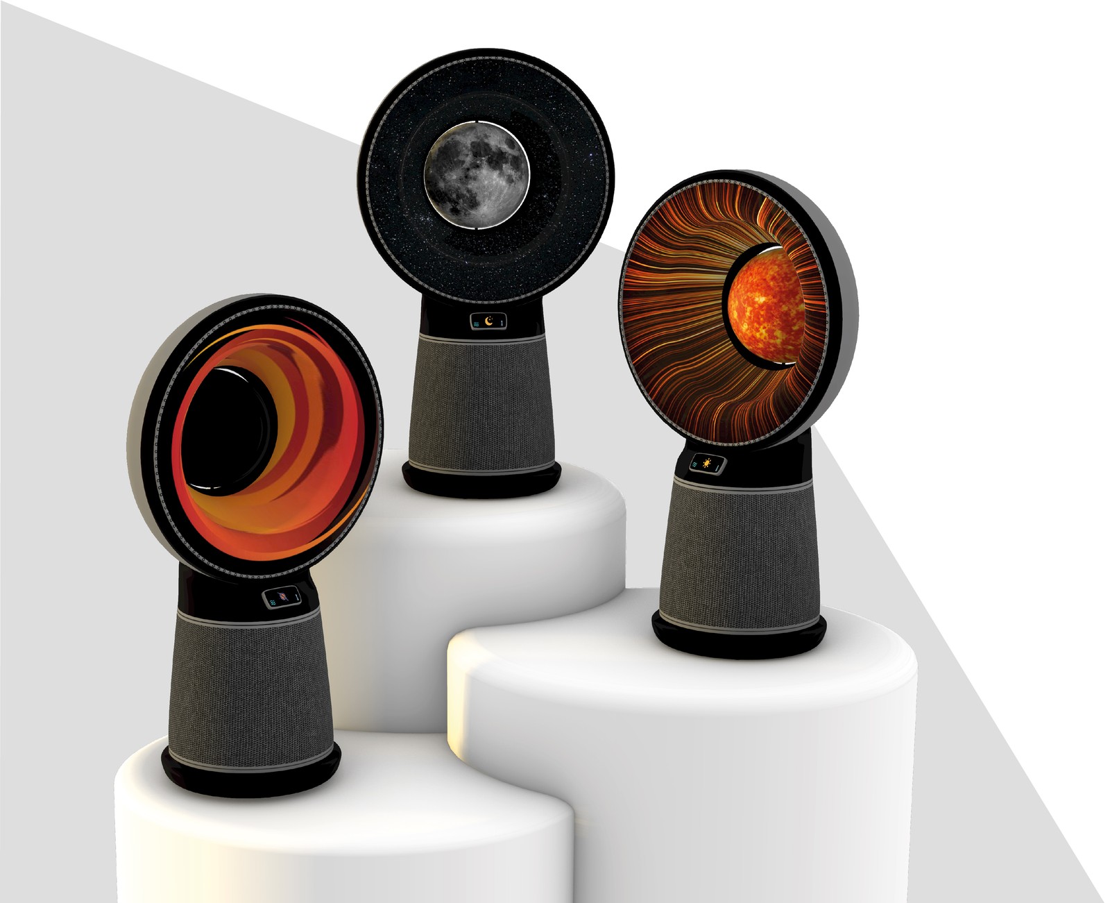 Three Cosmic units showing the sun, moon and eclipse ring scenes, with the remote