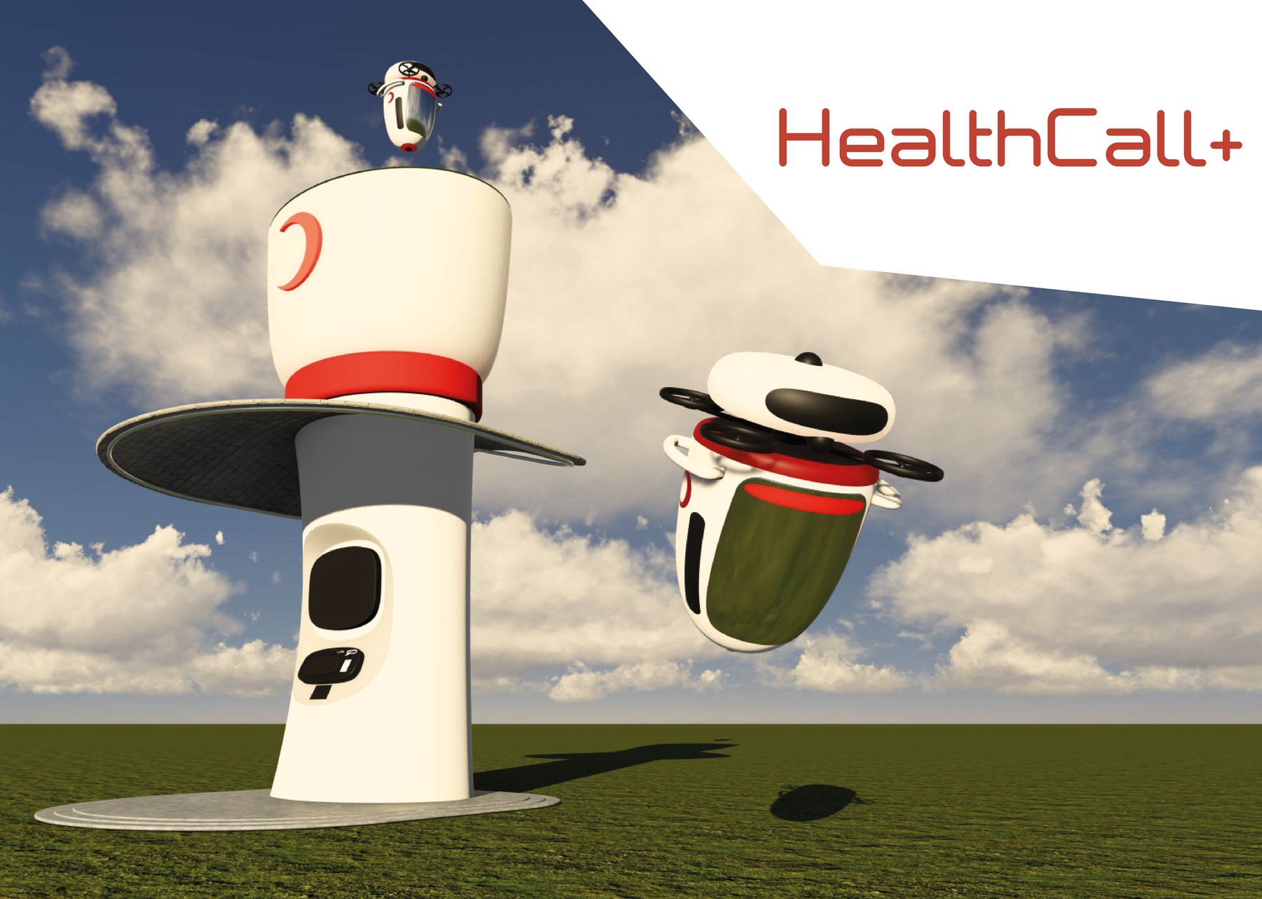 HealthCall+ neighbourhood health station with an emergency response drone taking off