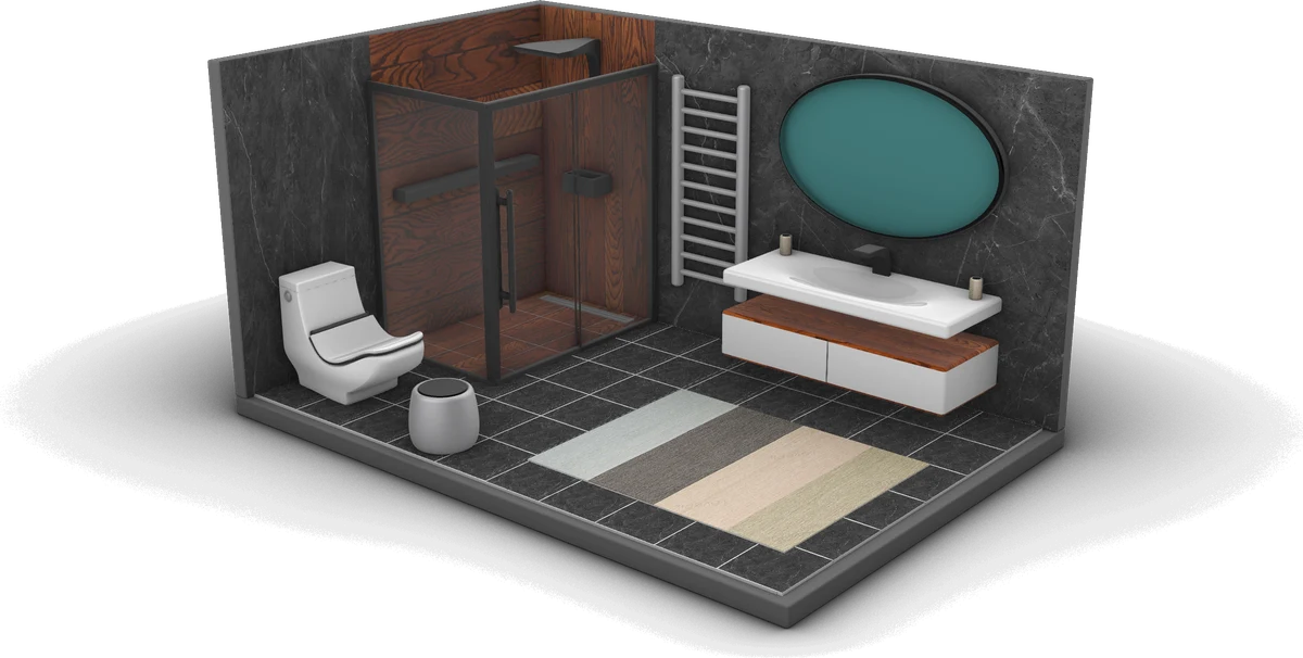 Isometric 3D model of a marble-and-wood bathroom interior