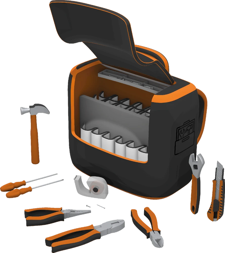3D model of an orange and black tool case with tools laid out around it
