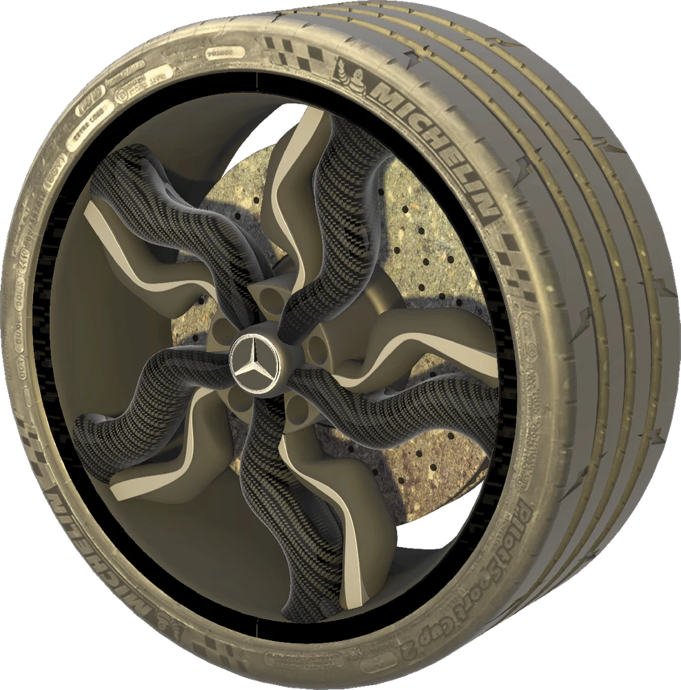 3D model of a Mercedes carbon-fibre alloy wheel with a Michelin tyre