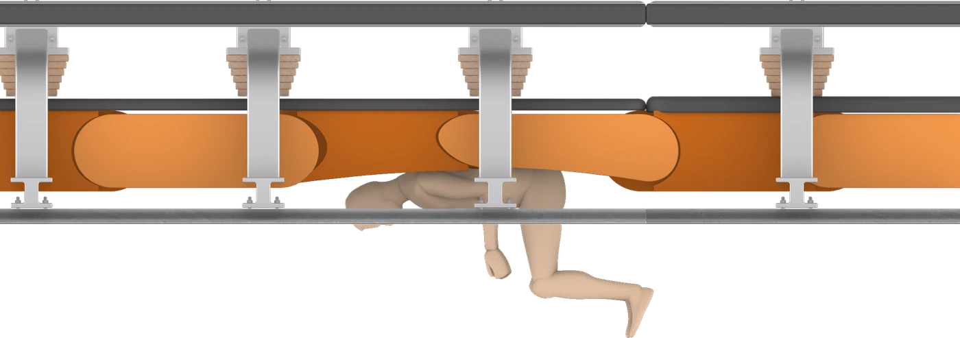 Top-down section showing the rider cushioned between the barrier's silicone segments