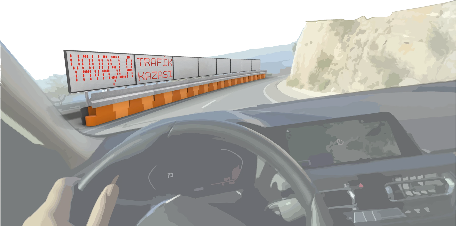 SafeNSmart barrier seen from the driver's seat, its LED wall warning of an accident ahead