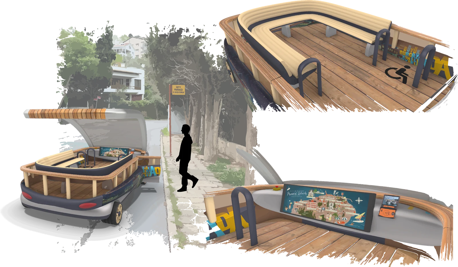 ISLANBUS details — the single-piece bench cabin, disabled-access section and the interactive island map screen