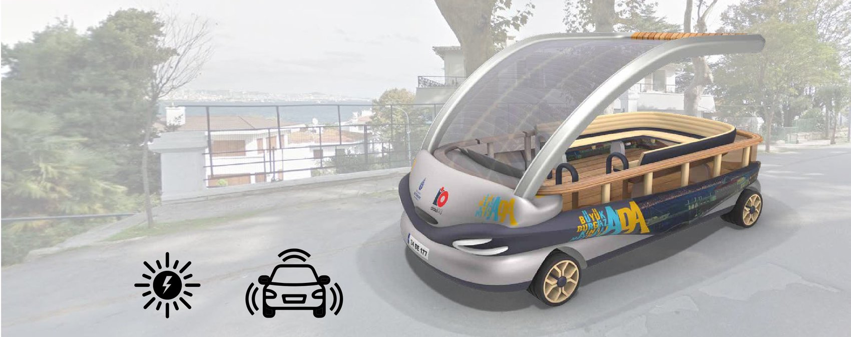 ISLANBUS — an open, solar-roofed electric shuttle on a Princes' Islands street