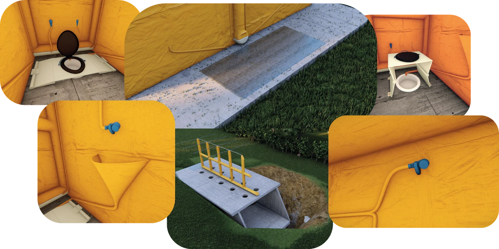 SNEL details — squat toilet, water connection, fold-out sink, shower and the self-erecting structure